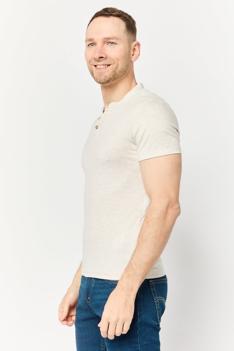 Celio Men Split Neck Short Sleeve Solid Hurley T-Shirt, Beige - Image 3